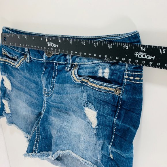 Maurices Embroidered Jean Shorts Juniors Sz XS Blue Denim Destroyed Cutoff Stret - Picture 7 of 11